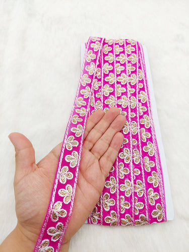 Wholesale Fuchsia Net Lace Floral Embroidery & Glitter Gold Sequins, Indian Wedding Border, Gifting Ribbon Costume Trim Fashion Trimming